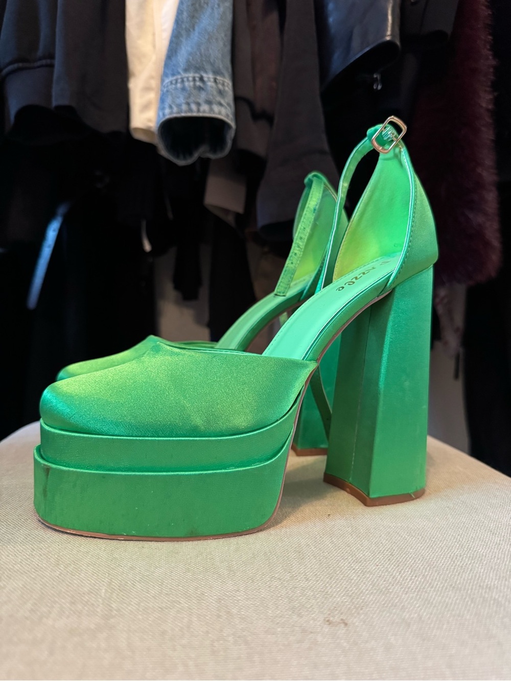 Green Platform Block Heel Pumps - Women